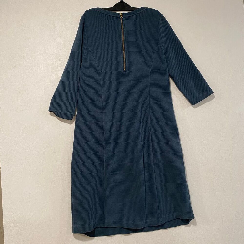 Boden Blue Ribbed Knit Shift Dress US 10L 3/4 Sleeve Pocket Work Midi - Picture 3 of 7